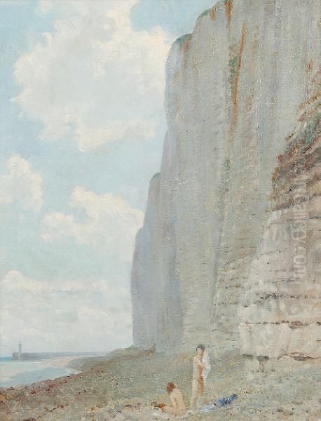 The Cliffs Of France, Nude Bathers On The Shore Oil Painting by Louis Ginnett