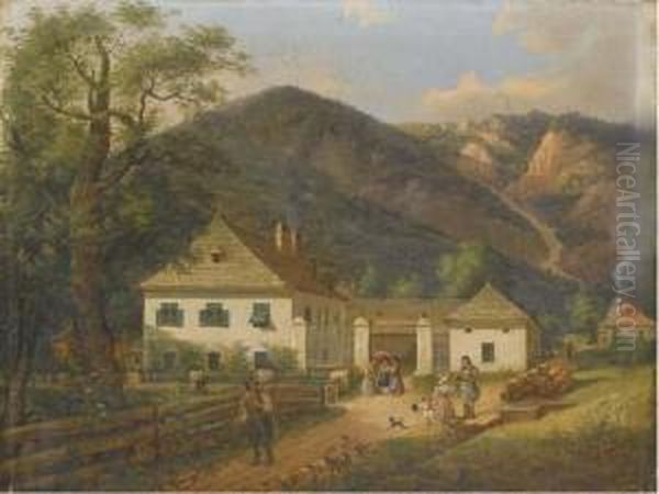 Ferme Autrichienne Au Pied De Montagnes Oil Painting by Joseph Ginowsky