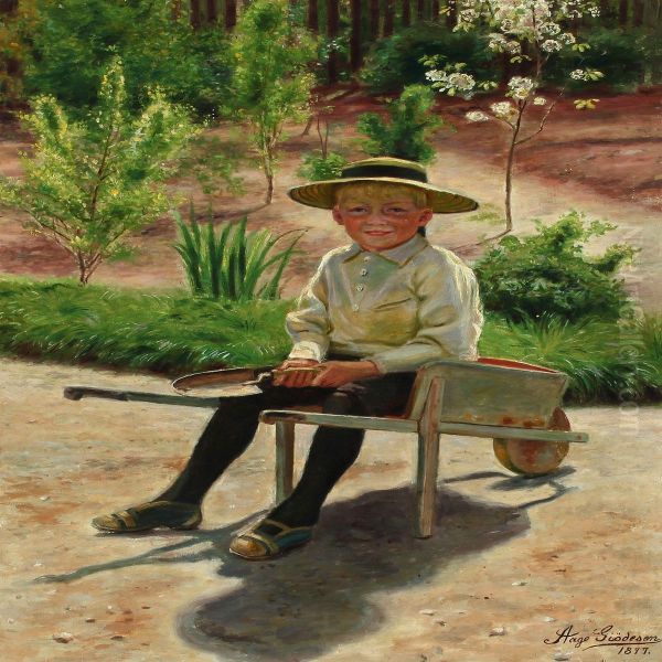 Boy In A Wheelbarrow Oil Painting by Aage Giodesen