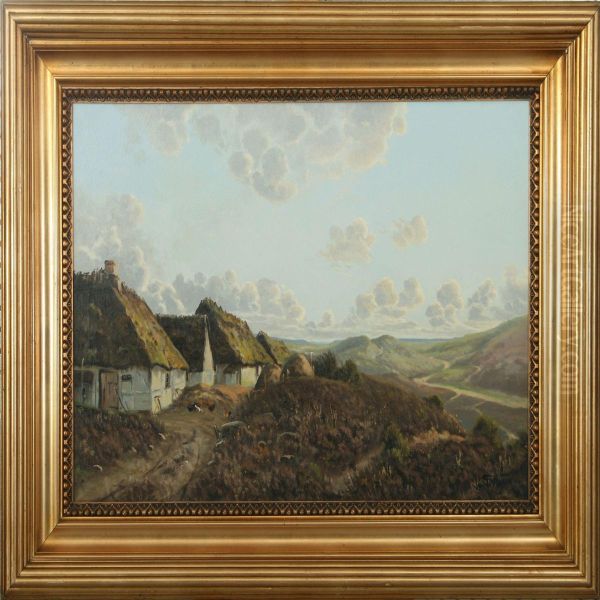 Heath With Thatched Houses Oil Painting by Aage Giodesen