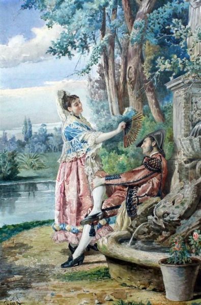 Lovers Beside A Fountain Oil Painting by Belisario Gioja