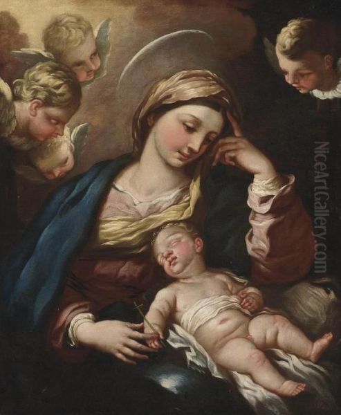 The Madonna And Child Surrounded By Cherubs Oil Painting by Luca Giordano