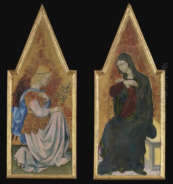 The Annunciation: The Archangel Gabriel; And The Virgin Annunciate: Pinnacles From An Altarpiece Oil Painting by Lorenzo Di Pietro Vecchietta