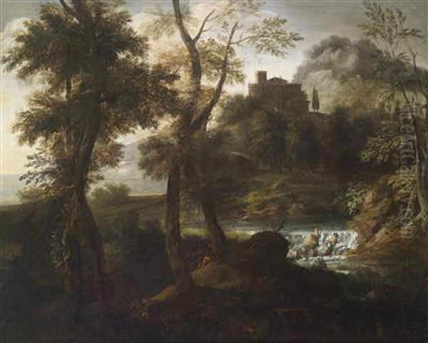 A Pair Of Arcadian Landscapes With Architecture Oil Painting by Giovanni Francesco Grimaldi