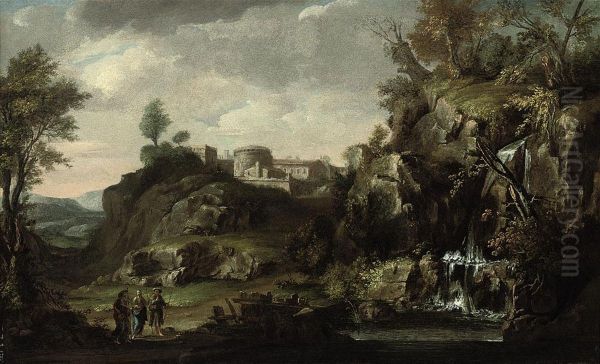 A Wooded River Landscape With Christ On The Road To Emmaus Oil Painting by Giovanni Francesco Grimaldi