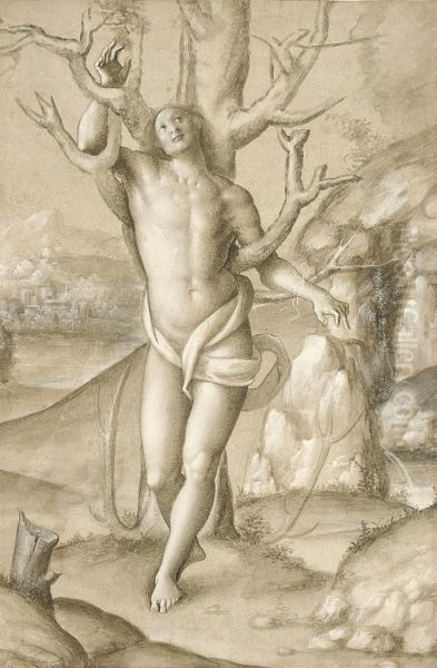 Saint Sebastian In An Extensive Landscape Oil Painting by Gerolamo Giovenone