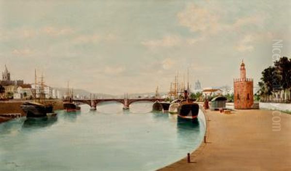 Cauce Del Guadalquivir Oil Painting by Adolfo Giraldez Y Penalver