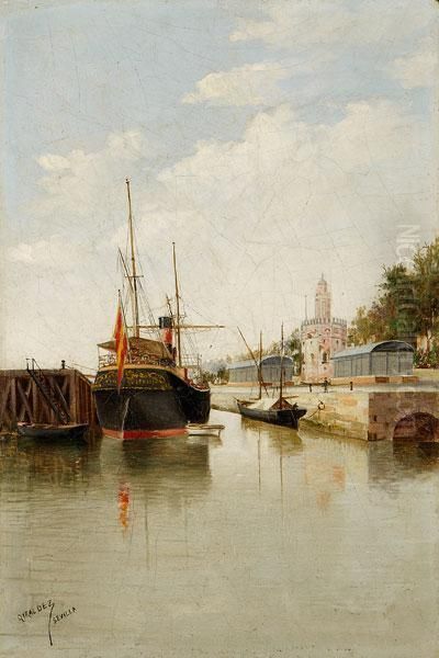 El Rio Guadalquivir Con La Torre Del Oro, Sevilla Oil Painting by Adolfo Giraldez Y Penalver