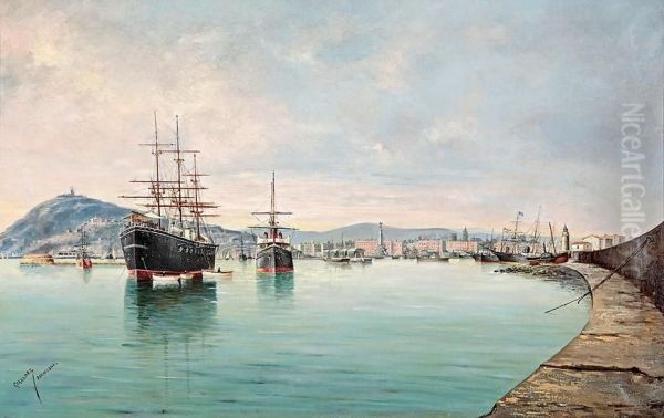 Puerto De Barcelona Oil Painting by Adolfo Giraldez Y Penalver