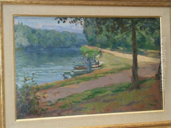 Bord De Riviere Anime Avec Barques Oil Painting by Leon Giran-Max