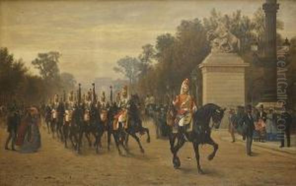 Le Peloton Des Etendards Des Cents-gardes Revenant De La Revue Sur Les Champs-elysees Oil Painting by Albert Girard