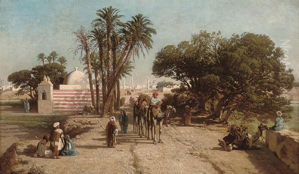 A Camel Train Before The City Gates Oil Painting by Albert Girard