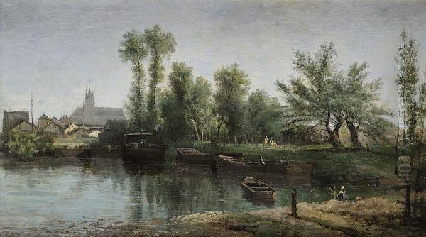 Barques Devant Moret-sur-loing Oil Painting by Hippolyte Girard