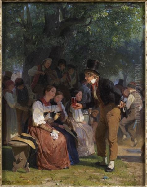 Jeune Homme Offrant Un Rafraichissement A Une Jeune Fille Lors D'une Fete Villageoise Oil Painting by Edouard-Henri Girardet