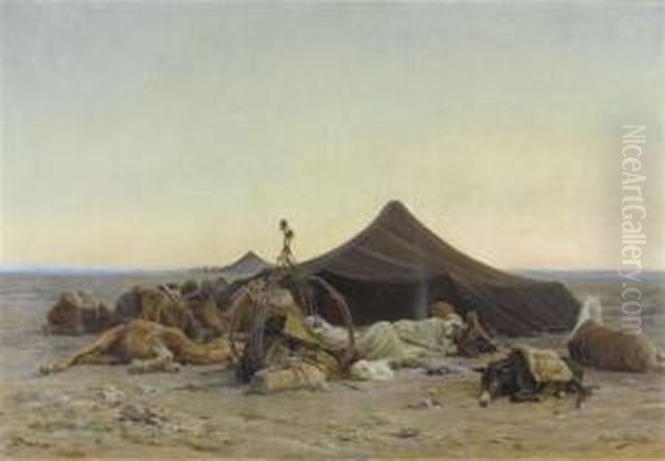 Bedouins And Camels Resting In The Desert Oil Painting by Eugene-Alexis Girardet