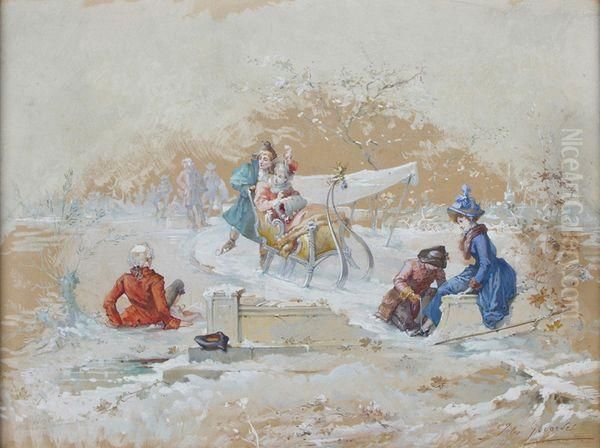 Elegants Dans La Neige Oil Painting by Jules Girardet