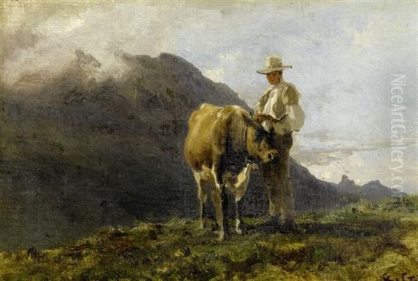 Herdsman With Cow Oil Painting by Karl Girardet