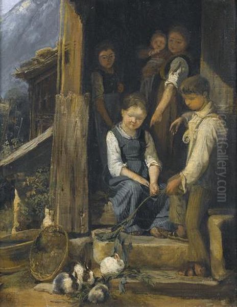 Enfants Donnant A Manger A Des Lapins Oil Painting by Karl Girardet