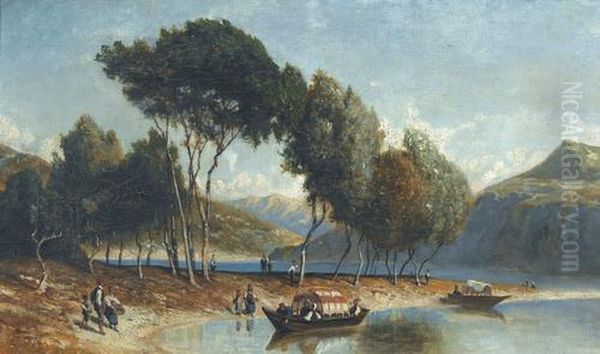 Sommerliche Flusslandschaft Mit Barken Und Staffage Oil Painting by Karl Girardet