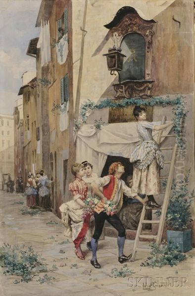 Italian Street Genre Scene Oil Painting by Leon Girardet