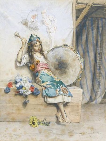 Junges Zirkusmadchen Mit Tamburin. Oil Painting by Leon Girardet