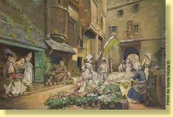 Le Marche Aux Fleurs Oil Painting by Leon Girardet