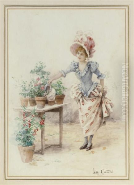 Watering The Flowers Oil Painting by Leon Girardet