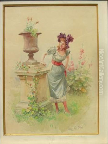 Elegante Dans Le Parc Aquarelle Oil Painting by Leon Girardet