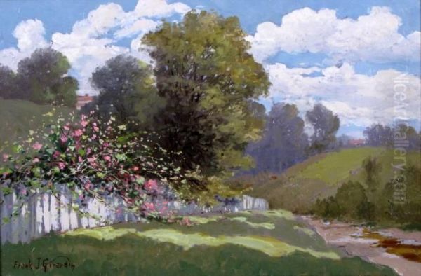 Depicting Roses Along White Fence And Dirt Road Oil Painting by Frank J. Girardin