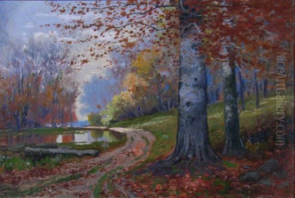 Autumn Landscape With Road And Pond Oil Painting by Frank J. Girardin