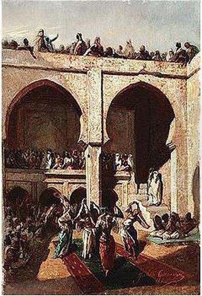 Women Dancing In A Middle Eastern Courtyard Oil Painting by Julien Girardin