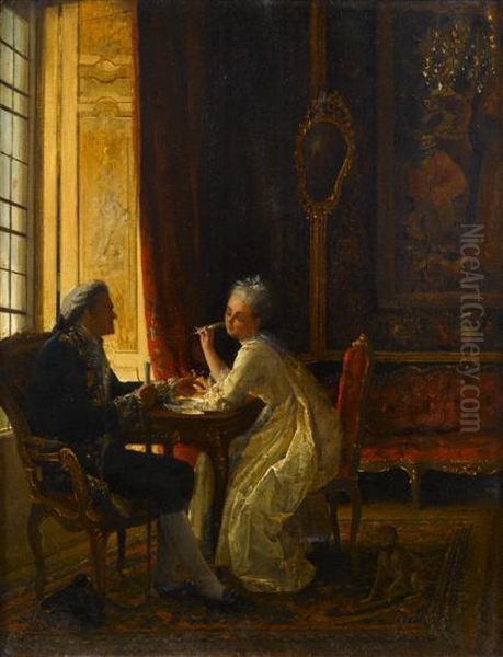 Woman And Man At Table Oil Painting by Ernest Gustave Girardot