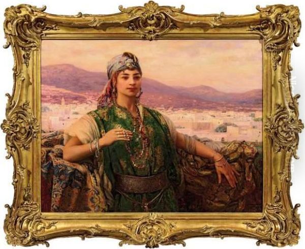 Jeune Fille Sur La Terrasse Devant Tetouan Oil Painting by Louis-Auguste Girardot