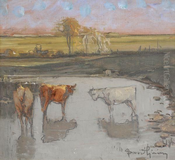 Trois Vaches Dans L'eau Oil Painting by David Eugene Girin