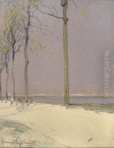 Deux Vaches Au Bord De L'eau Oil Painting by David Eugene Girin