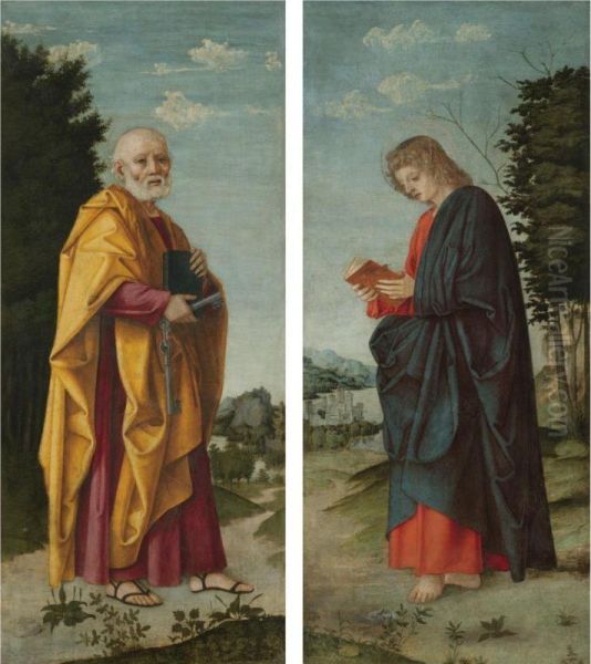 Saint Peter In A Landscape; Saint John The Evangelist In A Landscape Oil Painting by Girolamo dai Libri