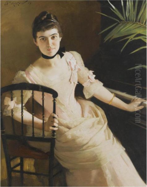 Lady Seated At A Piano Oil Painting by Charles Giron