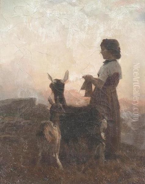 Junge Hirtin Mit Zwei Lamas In Der Abendsonne. Oil Painting by Charles Giron