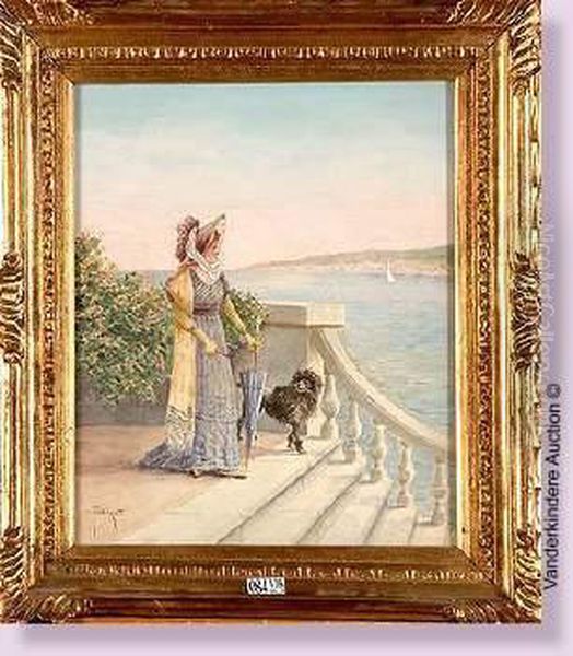 Elegante Et Son Chien Au Bord Du Lac Oil Painting by Francois Joseph Girot