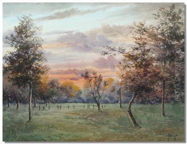 Girot, Parklandlandscape At Dusk, Watercolour, Signed, 34cms X 43cms Oil Painting by Francois Joseph Girot