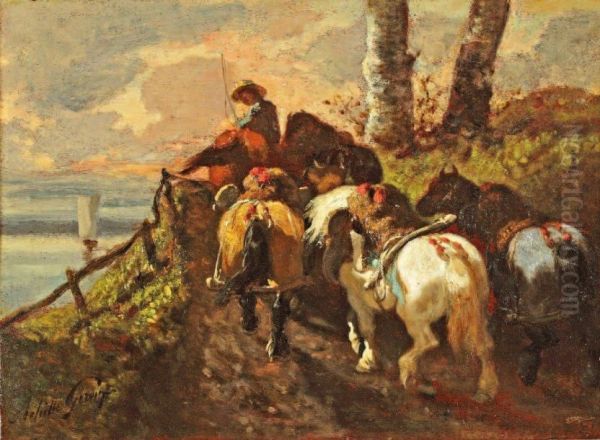 Chevaux Sur Le Chemin En Bord De Mer Oil Painting by Achille Giroux