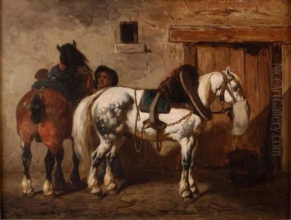 Chevaux A L'etable Oil Painting by Achille Giroux