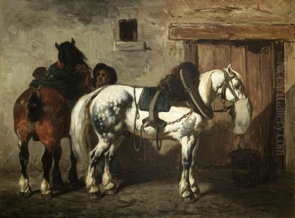 Apfelschimmel Und Brauner Vor Dem Stall Oil Painting by Achille Giroux