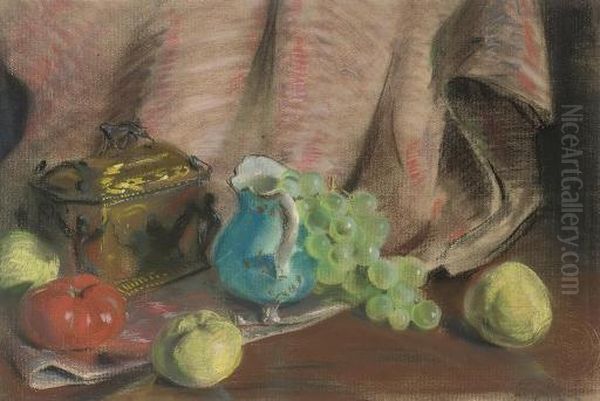 A Blue Jug, Grapes, Apples And A Tea Caddy On A Draped Table Oil Painting by Alfred Alexandrovich Girv