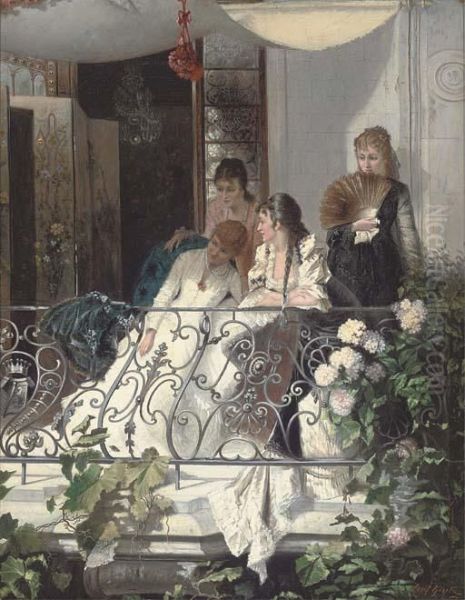 Elegant Company On A Balcony Oil Painting by Josef Gisela