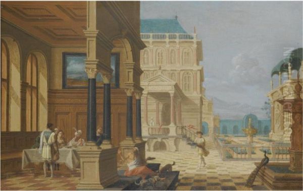 An Architectural Capriccio With Dives And Lazarus Oil Painting by Giselaer Nicolas De