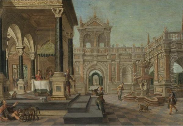 A Palatial Capriccio With Dives And Lazarus Oil Painting by Giselaer Nicolas De