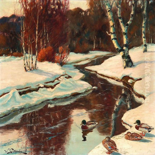 Ducks At A Stream, Wintertime Oil Painting by William Gislander