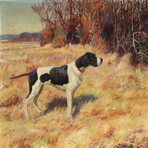 Hunting Scene With A Dog In The Forest Edge Oil Painting by William Gislander