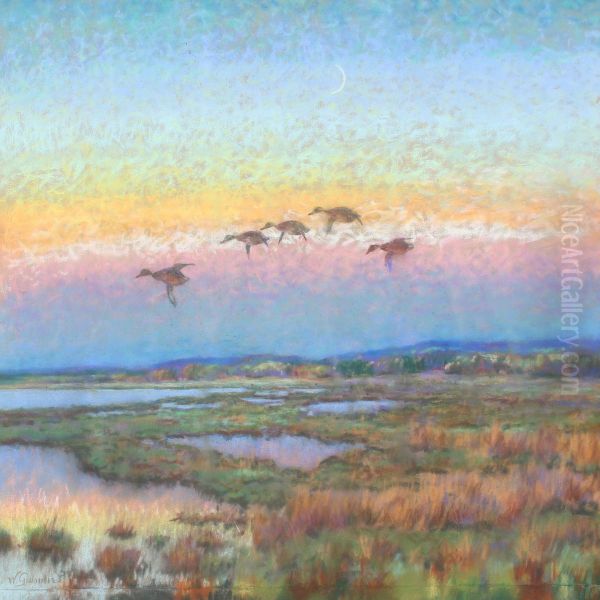 Landscape With Flying Ducks In The Twilight Oil Painting by William Gislander